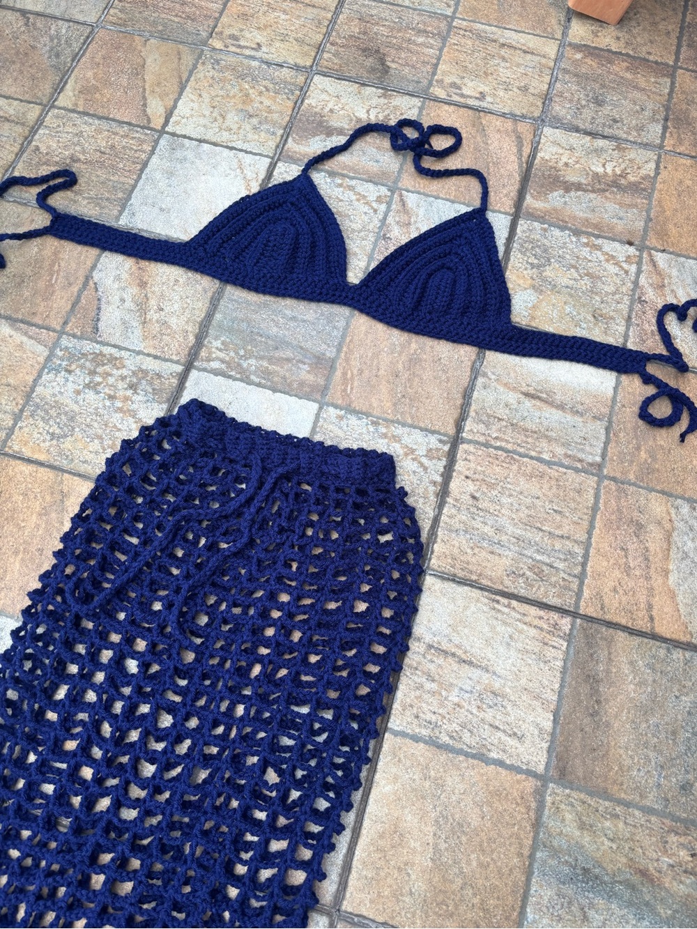 Handmade Crochet Halter Top & Mesh Skirt Set | Size M | Waffle Stitch |Boho